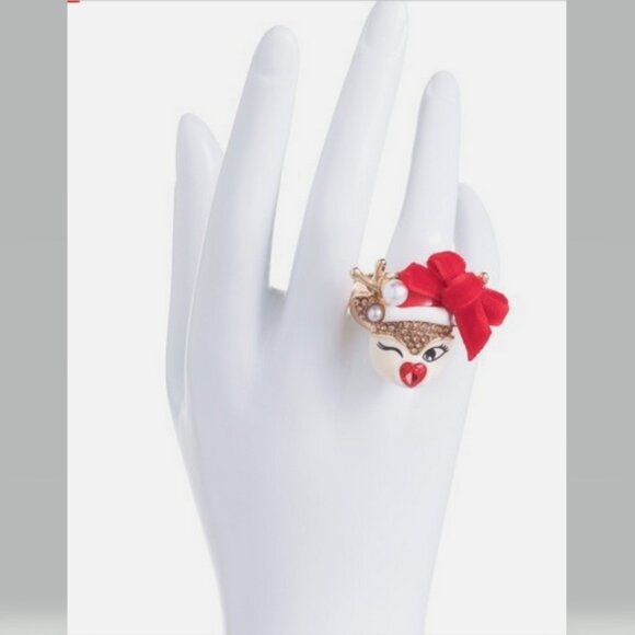 BETSEY JOHNSON Winking Reindeer Stretch Ring NIB - Picture 2 of 7